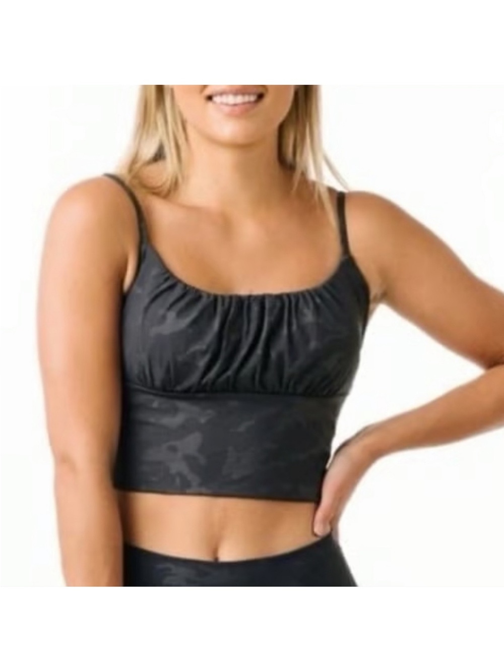 ZYIA Active Battleship Camo Luxe Ruched Charcoal Sports Bra Tank Top